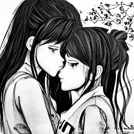 Image similar to portrait of two girls kissing, detailed manga art