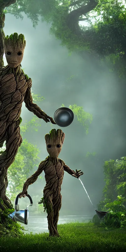 photorealistic wide shot of Groot waters himself with, Stable Diffusion