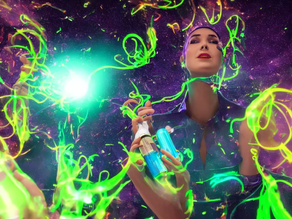 Prompt: a hyperrealistic portrait render of a beauty queen opening a bottle of glowing worms and drinking fluorescent liquid in the cosmos, unreal engine 8k