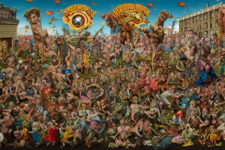 Image similar to a strange battle in an old hospital between old people and babies Robert Williams Mark Ryden and Alex Gross, Todd Schorr highly detailed