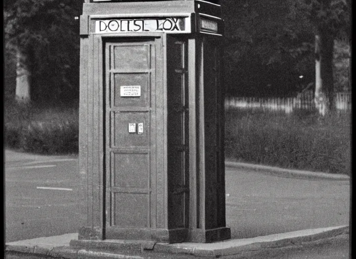 Prompt: photo of a metropolitan police box in suburban london, police box, 1930s, sepia, blurry, faded