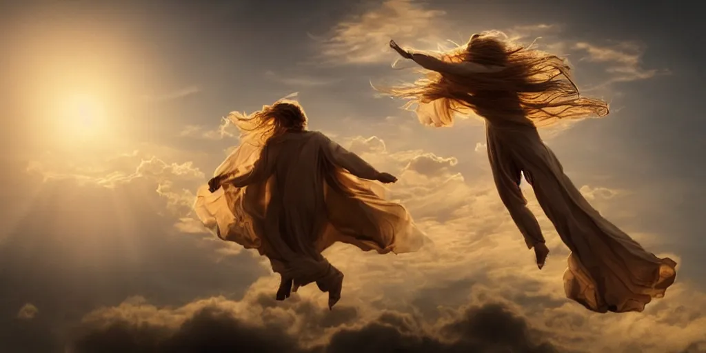 Prompt: realistic scene of a mysterious man in silky clothes with long golden hair walking on a clouds trying to touch the sun, detailed, 1 4 5 0, delicate, hyper realism, ultra realistic, 8 k