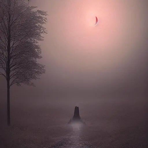 Image similar to A haunting dark castle stands over a misty orchard, a crescent moon dimly shines; lighting a small path that winds through the trees. A matte painting in the style of Wayne Barlowe, by Zdzisław Beksiński.