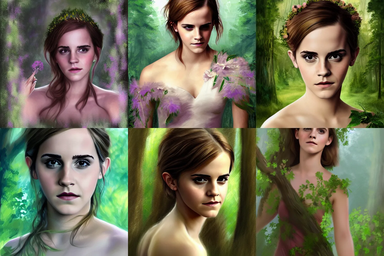 Prompt: Emma Watson as a forest nymph, digital painting, highly detailed