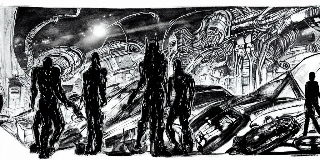 Prompt: aliens in black handing over artifacts to a politician, night scene, inspired by yoshitaka amano, concept art