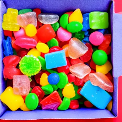 Prompt: a box full of candies and gummies