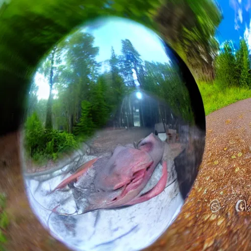 Prompt: ernest got to camp crystal lake, hyper realistic, fish eye lense