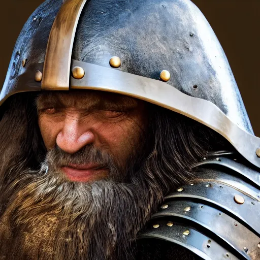 Prompt: photo of a cave man in medieval armour 4 k, ƒ / 8, focal length : 3 6 mm,