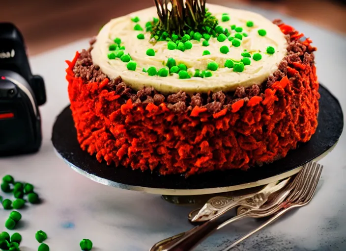 Image similar to dslr food photograph of a birthday cake iced with mashed potatoes and topped with ground beef carrots and peas, 8 5 mm f 1. 8