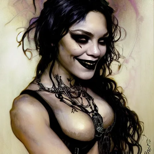 Image similar to beautiful portrait of vanessa hudgens as death from sandman, smiling, by cedric peyravernay, alphonse mucha, by jeremy mann, by lecouffe deharme, goth chic, soft lightning, eyeliner, punk rock, high detailed, 8 k