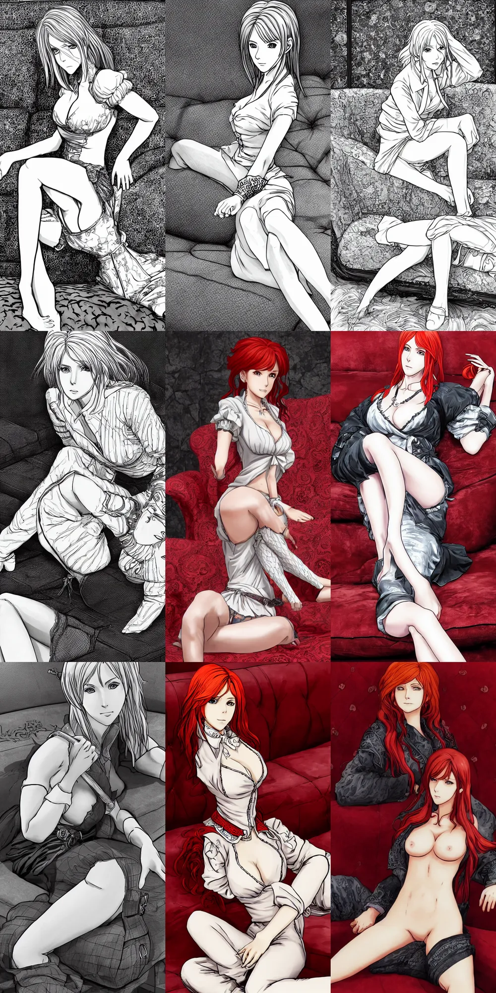 Prompt: highly detailed manga line art portrait Triss from the Witcher 3 (played by Rangiku Matsumoto from Bleach) posing laying on a red couch