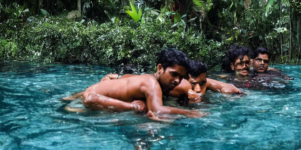 Image similar to sri lankan submerged in a pool, film still, thriller movie style