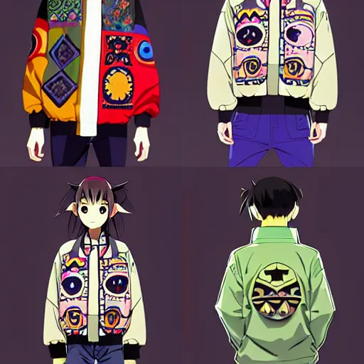 Image similar to majora majora's mask wearing oversized mayan bomber jacket with overalls, bulky poofy bomber jacket with mayan patterns, aztec street fashion, genshin impact art style, gapmoe yandere grimdark, trending on pixiv fanbox, painted by greg rutkowski makoto shinkai takashi takeuchi studio ghibli, akihiko yoshida