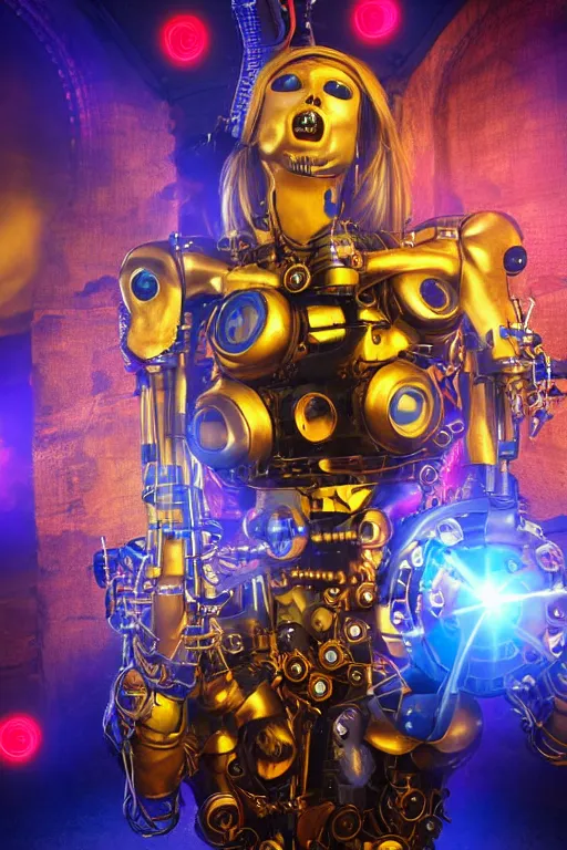 Prompt: portrait photo of a giant huge golden and blue metal humanoid steampunk cyborg female with a human face singing with mouth open and gears and tubes, in the foreground is a big red glowing microphone, eyes are glowing red lightbulbs, shiny crisp finish, 3 d render, 8 k, insaneley detailed, fluorescent colors, background is multicolored lasershow