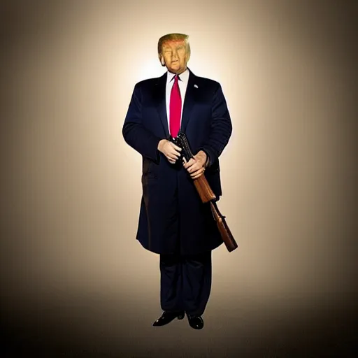 Image similar to “Hyperrealistic photo of Donald Trump standing in Fifth Avenue with a gun, atmospheric lighting, award-winning crisp details”