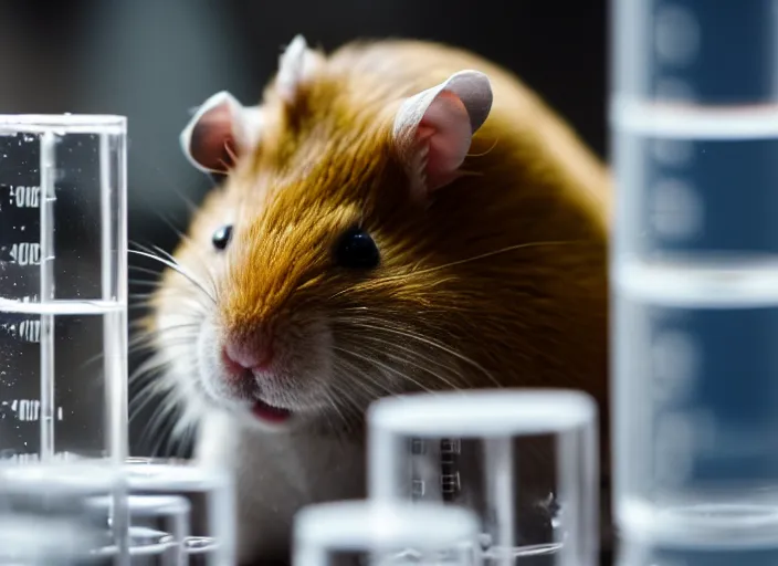 Image similar to film still of a hamster working in a research lab filling test tubes, 8 k