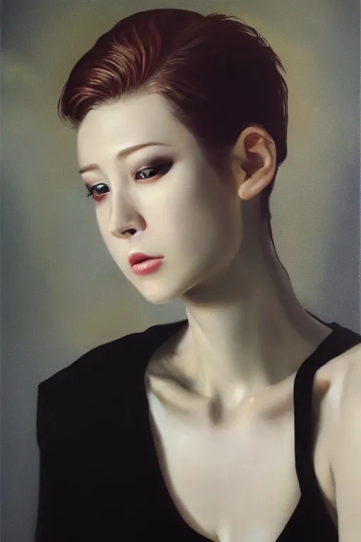Prompt: hyperrealism oil painting, close - up portrait, fashion model, pale skin, black stars, complete darkness background, soft light, in style of classicism mixed with 8 0 s japanese sci - fi books art