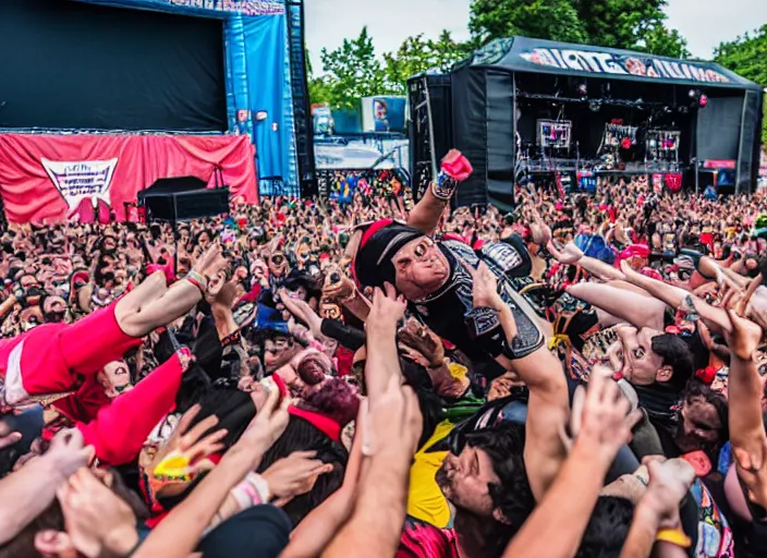 Image similar to photo still of putties from power rangers at the vans warped tour!!!!!!!! at age 3 6 years old 3 6 years of age!!!!!!!! stage diving into the crowd, 8 k, 8 5 mm f 1. 8, studio lighting, rim light, right side key light