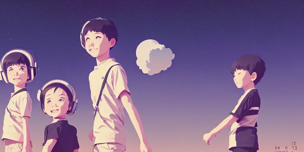Image similar to 3 d portrait of smiling boy and girl with astronaut helmets by ilya kuvshinov, cloudy sky background lush landscape ln illustration concept art anime key visual trending pixiv by victo ngai fanbox by greg rutkowski makoto shinkai takashi takeuchi studio ghibli