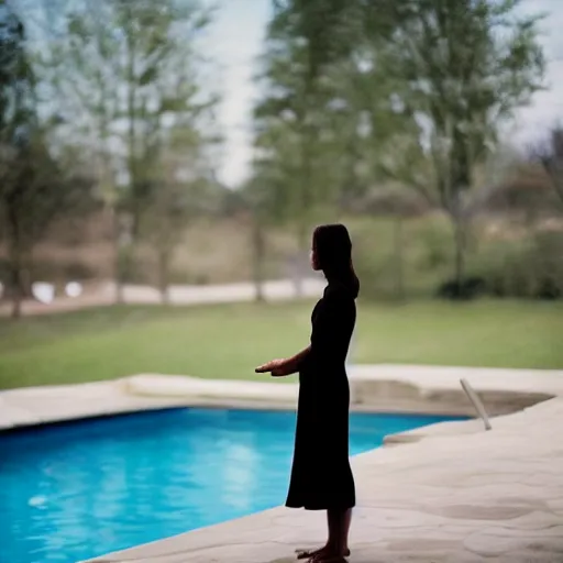 Prompt: photo of woman standing in contemplation next to a large swimming pool/ David Linch