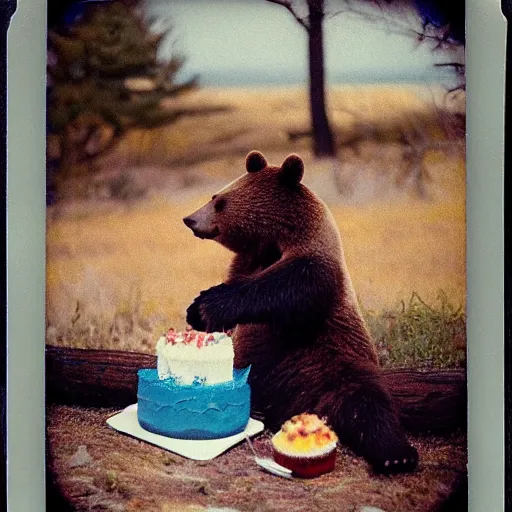 Prompt: polaroid photo of a bear eating cake