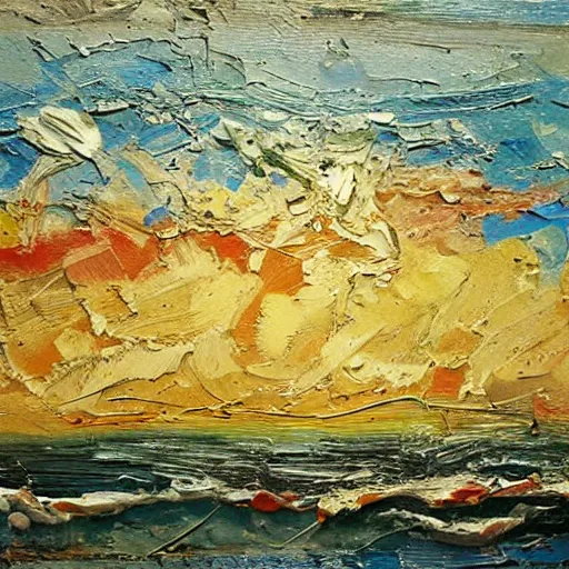 Image similar to oil paint impasto relief, beautiful italian beach scene, rough sea, multi layered thick brush marks, some splattered paint, in the style of ivan shishkin and frank auerbach and van gogh