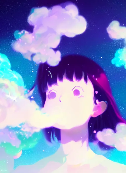 Prompt: portrait of a very cute girl blowing a vape cloud of psychedelic galaxies, smoke made of stars, white background, illustration concept art anime key visual, very trippy and abstract, trending pixiv fanbox by wlop and greg rutkowski and makoto shinkai and studio ghibli and kyoto animation