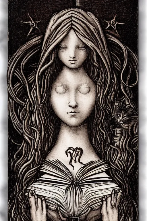 Image similar to da vinci illustration of romantic girl, her cat and her book of necronomicon, symmetrical, cinematic, sharp focus, 4 k, ultra hd, sense of awe, sinister demonic atmosphere, dreadful, forbidden knowledge, old gods, cthulhu, yog - sothoth! yah, yah, yah! cultist journal cover