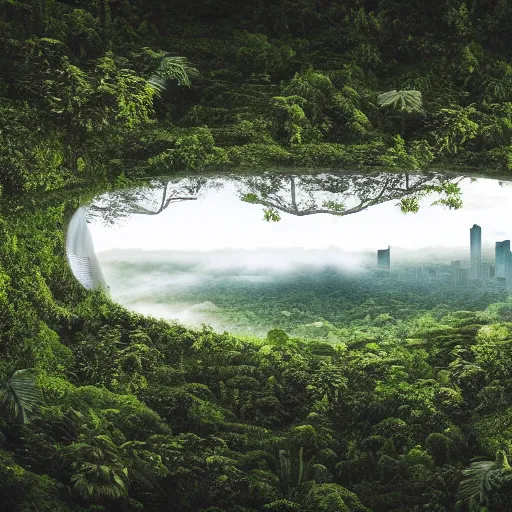 Prompt: extreme wide shot a futuristic containment building in a rainforest valley with a city in the distance, national geographic, hyper realistic, 4 k, harsh light