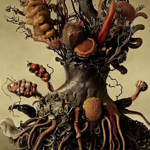 Prompt: disgusting disturbing strange dutch golden age bizarre mutant flower floral still life with many human body parts realistic human toes blossoming everywhere insects very detailed fungus tumor disturbing tendrils bizarre slimy forms sprouting up everywhere by rachel ruysch christian rex van minnen black background chiaroscuro dramatic lighting perfect composition masterpiece high definition 8 k 1 0 8 0 p