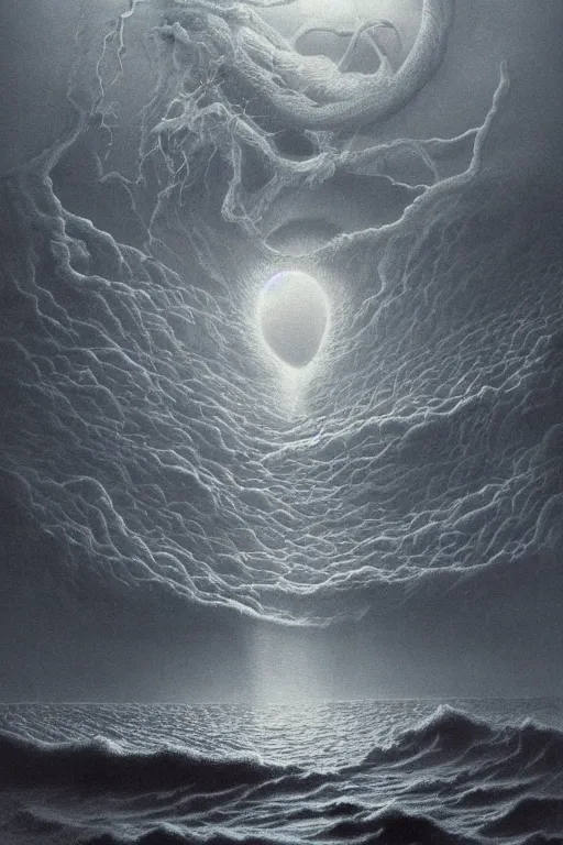 Image similar to A stunning detailed Shoggoth by Zdzisław Beksiński, stormy ocean, beautiful lighting, full moon, detailed swirling water tornado, artstation