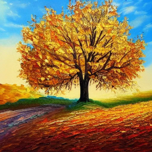 Image similar to painting depicting all four season in one single painting, tree in the summer, tree in the winter, tree in spring, tree in autumn, concept art, artstation, detailed, impressionism, oil on canvas, knife painting, messy,