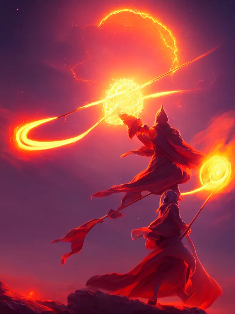 Image similar to levitating wizard wielding a spear opening a shining portal pulsating in the night sky, horizon of an erupting volcano, digital painting, cgsociety, artstation, highly detailed, cinematic lighting