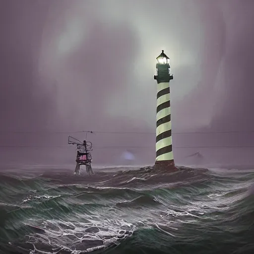 Image similar to lighthouse in a stormy sea, mechanic, robotic, abandoned, overgrown, cables, moody, realistic, concept art by simon stalenhag