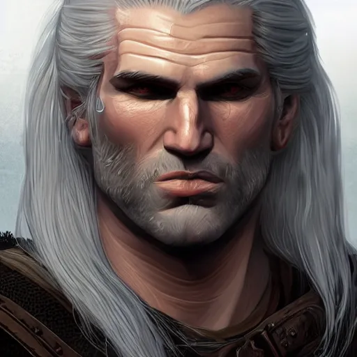 Prompt: Portrait of Geralt of Rivia, character design, fantasy, highly detailed, ArtStation, trending on ArtStation, by Rinotuna