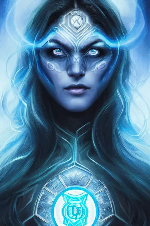 Image similar to Majestic and regal portrait of a female blue Lantern, DC universe, Perfect face, beautiful, intricate, epic, elegant, menacing, fantasy, highly detailed, digital painting, hard focus, beautiful volumetric lighting, epic light, ultra detailed, Horror, souls, ghosts, smoke by Leesha Hannigan, Ross Tran, Thierry Doizon, Kai Carpenter, Ignacio Fernández Ríos