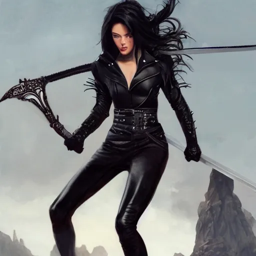 Image similar to an action photo of a black haired woman in a black leather jacket in a swordfight, muscular upper body, abs, d & d, fantasy, intricate, elegant, highly detailed, digital painting, artstation, concept art, smooth, sharp focus, illustration, art by artgerm and greg rutkowski and alphonse mucha