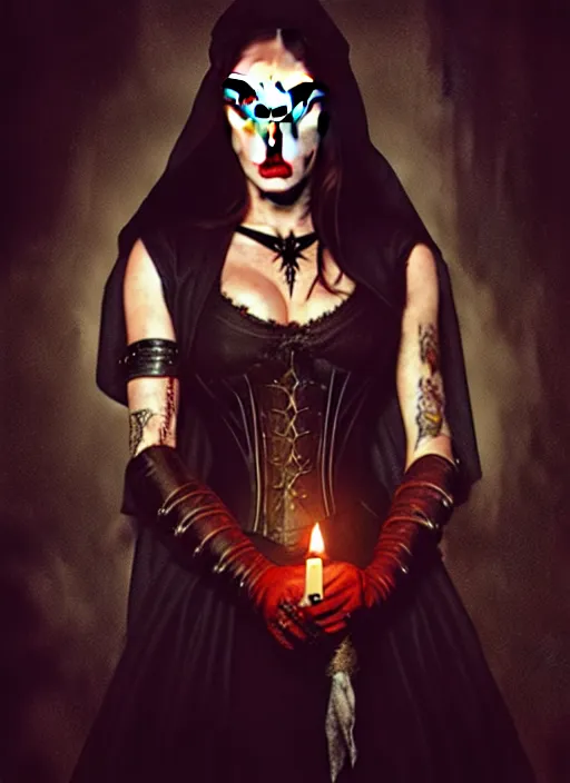 Image similar to megan fox witch queen, black eyes, blood, full body, intricate victorian dress, middle shot, cinematic lighting, symmetrical eyes, caravaggio, rafael albuquerque, charlie bowater, moody lighting, candles