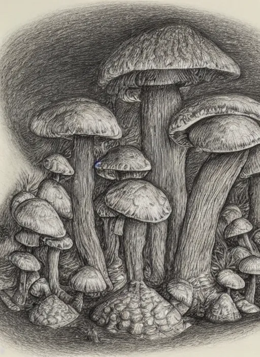 Image similar to a hybrid between a mushroom and a house,, insanely detailed, studio light, gustav dore, colored pencil