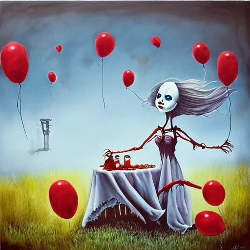 Image similar to grunge painting of a picnic with a wide smile and a red balloon by chris leib, loony toons style, pennywise style, corpse bride style, horror theme, detailed, elegant, intricate, conceptual, volumetric light