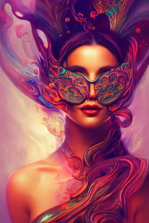 Image similar to a centered render of an alluring goddess wearing a psychedelic mask surrounded by a underwater ink pour, perfect face, powerful, cinematic, beautifully lit, by artgerm, by karol bak, 3 d, trending on artstation, octane render, 8 k