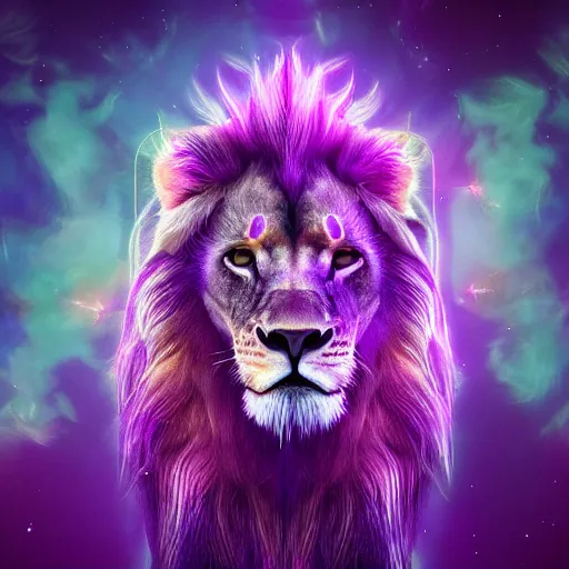 Prompt: astral transparant friendly lion, spirit animal, photorealistic, unreal engine 5, movement, dreams, DMT, dreamy, vapor wave, 80’s