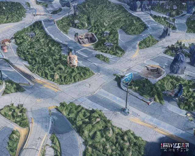 Image similar to artstation scifi map of a small chinese town with the main road in the middle and a river unreal engine 5, hyper realism, realistic shading, cinematic composition, blender render, octane render, hdr, detailed textures, photorealistic, wide shot