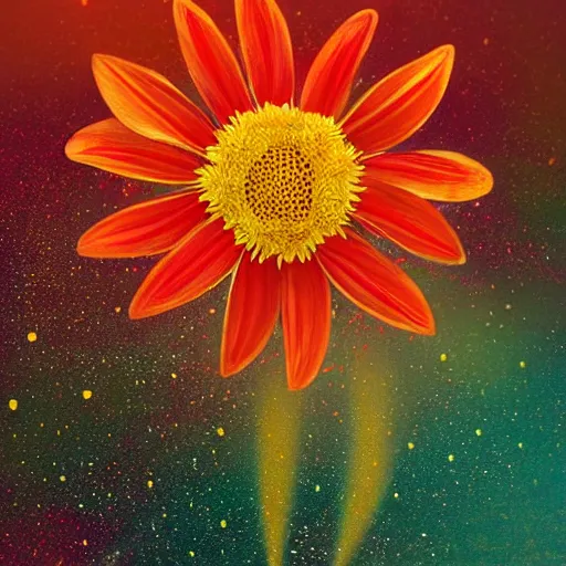 Prompt: Not often, but occasionally. A star is born in a flower. Nestled in a soft bed of pollen and petals it can grow in the most unlikely of places. Just waiting for a lucky creature to find it,night star sky background Galaxys, red and yellow flower by Gediminas Pranckevicius