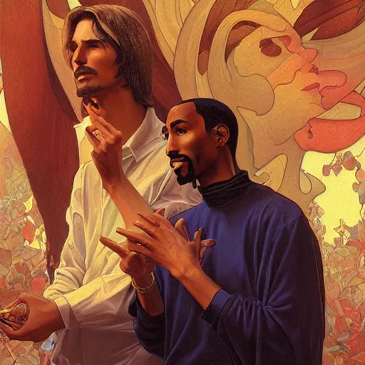 Prompt: Portrait of steve jobs and tupac smoking pot in heaven, intricate, highly detailed, digital painting, artstation, concept art, smooth, sharp focus, art by artgerm and greg rutkowski and alphonse mucha