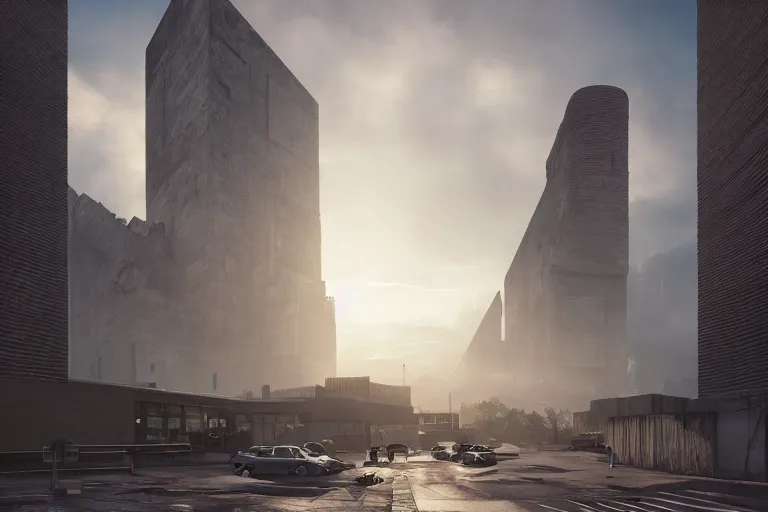 Image similar to streetscape, a towering cathedral of brutalist architecture, buildings covered with greebles, stunning volumetric light, sunset, metal, concrete and translucent material, stunning skies, majestic landscape, trending on Artstation, 8k, photorealistic, hyper detailed, unreal engine 5, IMAX quality, cinematic, epic lighting, in the style of Greg Rutkowski