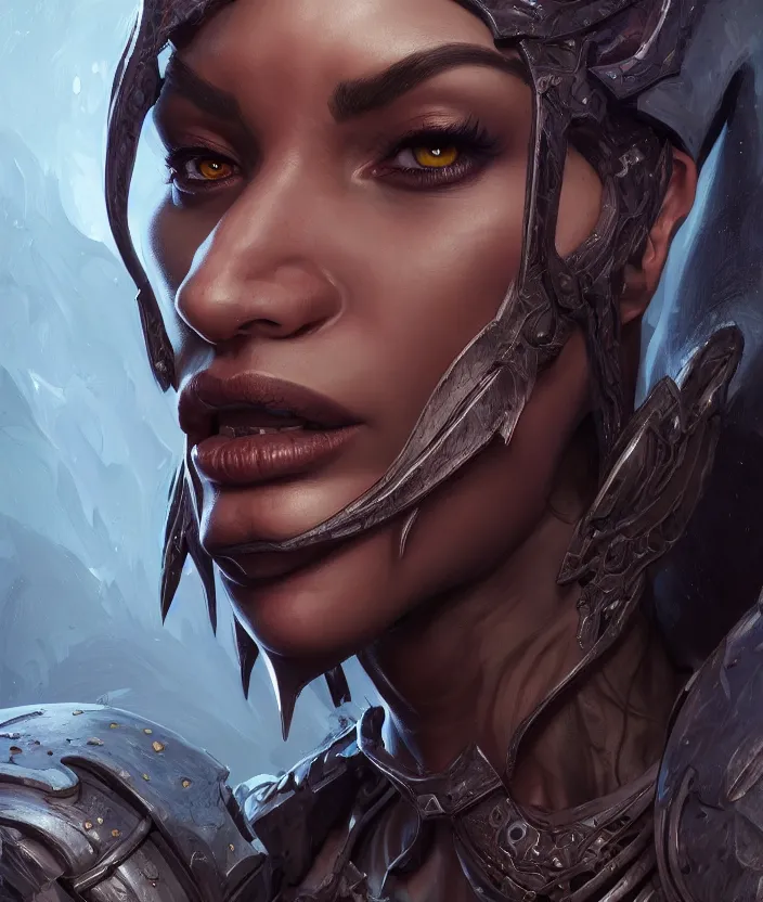 Image similar to a portrait of a dark elf, hyper detailed, digital art, trending in artstation, cinematic lighting, studio quality, smooth render, artgerm, joshua middleton, rafael albuquerque, unreal engine 5 rendered, octane rendered, art style by klimt and nixeu and ian sprigger and wlop and krenz cushart