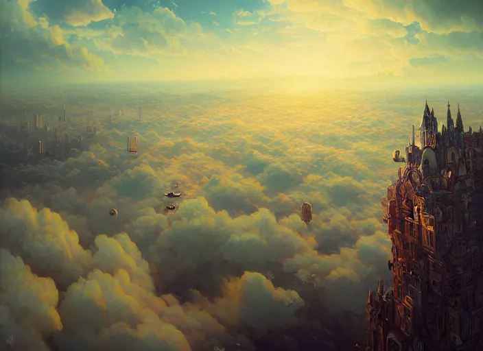 Prompt: floating city on clouds, dark fantasy, highly detailed, high quality, digital painting, alena aenami, lilia alvarado, shinji aramaki, karol bak, alphonse mucha, tom bagshaw