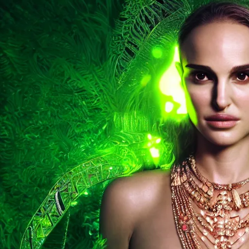 Image similar to portrait natalie portman, glowing, ornate and intricate green jewelry, jaw dropping beauty, glowing background lighting, green accent lighting, hyper detailed, fairy tale, 4 k octane render