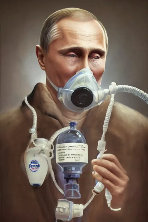 Image similar to hyperrealistic painting of Vladimir Putin wearing an oxygen mask on a death bed inhaling from Copium tank, dimly lit cozy tavern, leather tunic, confident relaxed pose, d&d, stunning 3d render inspired art by Tim Okamura and Lise Deharme + perfect facial symmetry + dim volumetric lighting, 8k octane beautifully detailed render, post-processing, extremely hyperdetailed, intricate, epic composition, grim yet sparkling atmosphere, cinematic lighting + masterpiece, trending on artstation, very very detailed, masterpiece, stunning